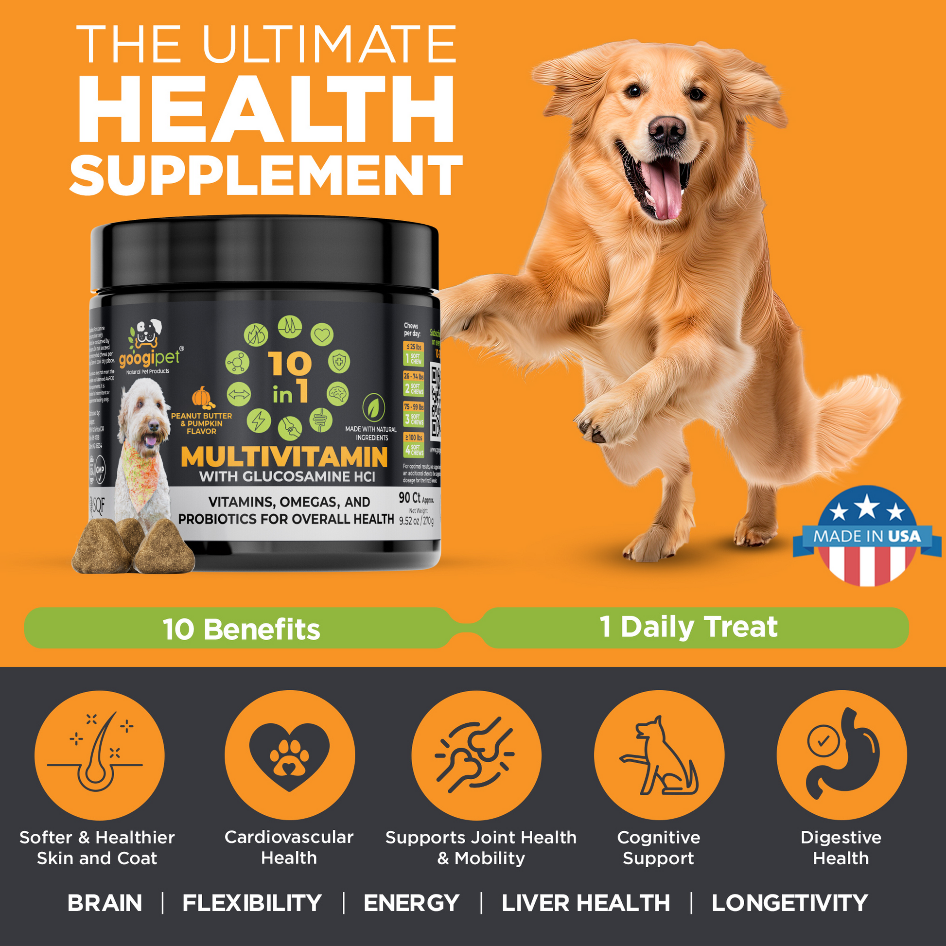10 in 1 Multivitamin Chews for Dogs (peanut Butter & Pumpkin detail view - Clinical-grade quality for dogs and cats