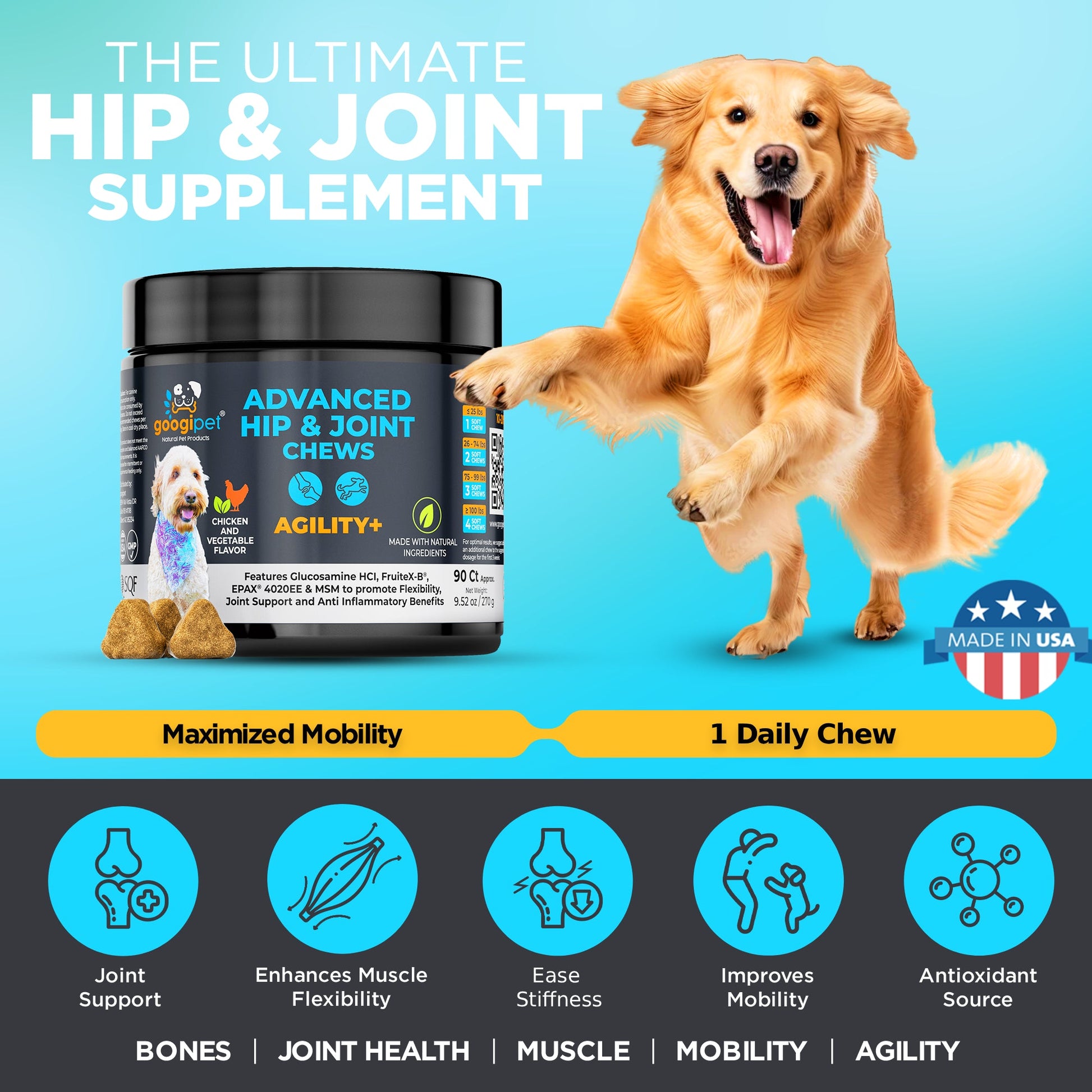 Agility+ Advanced Hip and Joint Chews for Dogs Glucosamine detail view - Clinical-grade quality for dogs and cats